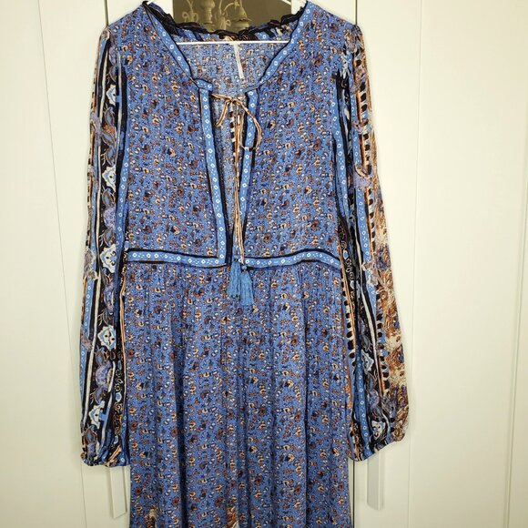 Free People Happy Feelings Maxi Dress Womens Large Blue Boho Peasant Long Sleeve - Picture 3 of 15